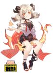  1girl :q absurdres arknights bare_legs black_dress black_footwear capelet chinese_commentary commentary_request dress highres horns ifrit_(arknights) invisible_chair looking_at_viewer low_twintails moyamoya_(moya11158375) open_toe_shoes orange_eyes pencil_dress shoes short_dress silver_hair simple_background sitting smile solo toenail_polish tongue tongue_out twintails white_background white_capelet younger 
