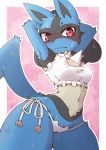  2020 acky05 ambiguous_gender anthro blue_body blue_fur canid canine cat_lingerie clothing fur hi_res lingerie looking_at_viewer lucario mammal nintendo pok&eacute;mon pok&eacute;mon_(species) solo standing video_games 