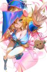  >_< 1girl absurdres arm_up blonde_hair blue_boots blue_hat blush_stickers boots breasts cleavage commentary_request dark_magician_girl duel_monster green_eyes grin hat heart highres holding holding_wand index_finger_raised kuriboh leg_up looking_at_viewer pentagram phrygian_helmet pink_skirt showgirl_skirt shycocoa signature skirt smile wand wizard_hat yu-gi-oh! 