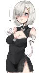  1girl alternate_costume black_dress blue_eyes breasts chigasaki_y china_dress chinese_clothes cleavage cleavage_cutout commentary_request cowboy_shot dress elbow_gloves gloves hair_ornament hair_over_one_eye hairclip hamakaze_(kantai_collection) highres kantai_collection large_breasts looking_at_viewer short_hair silver_hair simple_background smile solo white_background white_gloves 