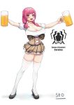  1girl absurdres alcohol bangs barmaid beer beer_mug blush breasts carolina_(last_origin) character_name cleavage collarbone cup dirndl dress full_body german_clothes high_heels highres huge_breasts last_origin long_hair low-tied_long_hair mug oktoberfest open_mouth seo_(tqhgud016) short_dress simple_background smile solo thighhighs twintails white_background 