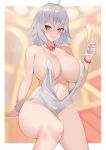  1girl ahoge alcohol azur_lane blush bracelet breasts champagne cocktail_dress command_spell commentary_request cosplay cup dress drinking_glass fate/grand_order fate_(series) highres huge_breasts jeanne_d&#039;arc_(alter)_(fate) jeanne_d&#039;arc_(fate)_(all) jewelry kuavera looking_at_viewer navel parted_lips revealing_clothes short_hair silver_hair smile solo sparkle st._louis_(azur_lane) st._louis_(azur_lane)_(cosplay) st._louis_(luxurious_wheels)_(azur_lane) thick_thighs thighs white_background yellow_eyes 