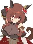  1girl animal_ears archives.gokulism bare_shoulders braid braided_hair_rings breasts brown_hair cleavage collarbone commentary corset detached_sleeves dress ear_covers ear_ornament english_commentary gentildonna_(regina_dei_fiori)_(umamusume) gentildonna_(umamusume) hair_between_eyes hair_ornament hair_rings heart-shaped_ornament heart_ear_ornament highres horse_ears horse_girl horse_tail large_breasts long_hair looking_at_viewer parted_lips red_corset red_eyes see-through_cleavage see-through_clothes simple_background smile solo tail umamusume white_background 