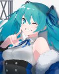  1girl absurdres bangs bare_shoulders blue_eyes blue_jacket blue_ribbon breasts buttons collared_shirt commentary detached_sleeves dress_shirt eyebrows_behind_hair fhang finger_to_cheek fur-trimmed_jacket fur_trim green_hair grey_background grin hair_between_eyes hair_ornament hair_ribbon hand_up hatsune_miku highres index_finger_raised jacket long_hair long_sleeves looking_at_viewer medium_breasts neck_ribbon off_shoulder one_eye_closed open_clothes open_jacket ribbon roman_numerals shiny shiny_hair shiny_skin shirt simple_background sleeveless sleeveless_shirt smile solo symbol_commentary teeth twintails upper_body vocaloid white_shirt 