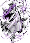  1girl absurdres book boots bow breasts commentary crescent crescent_hat_ornament dress floating floating_book floating_object footwear_bow hair_bow hat hat_ornament hayaten highres long_hair long_sleeves magic medium_breasts mob_cap monochrome open_book patchouli_knowledge purple_eyes purple_hair solo spot_color striped_clothes striped_dress touhou vertical-striped_clothes vertical-striped_dress very_long_hair 