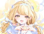  1girl :d ahoge azuki_anko blonde_hair braid choker commentary_request fang fujita_kotone gakuen_idolmaster hair_intakes hair_ribbon hairband heart heart_hands highres idolmaster light_blush long_hair looking_at_viewer low_twin_braids open_mouth portrait ribbon skin_fang smile soap_bubbles solo twin_braids white_choker white_hairband white_ribbon yellow_background yellow_eyes 