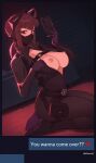  1girl animal_ears belt black_belt black_bodysuit black_mask bodysuit breasts brown_eyes brown_hair carpet cat_ears catsuit cellphone character_request commission copyright_request dialogue_box dutch_angle full-length_zipper gloves highres holding holding_phone large_breasts long_hair looking_at_viewer mask mouth_mask nipples no_bra on_floor open_bodysuit open_clothes partially_unzipped phone pouch purple_gloves seiza selfie sexting sitting smartphone solo text_messaging thigh_pouch timbocactus undressing zipper 