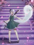  1girl absurdres black_hairband black_ribbon black_shoes cherry_blossoms closed_mouth collared_shirt commentary falling_petals full_body green_skirt green_vest grey_hair hairband hand_on_sheath highres ivypoiyu katana konpaku_youmu konpaku_youmu_(ghost) legs_apart looking_at_viewer mary_janes neck_ribbon outdoors outstretched_arm petals pink_petals puffy_short_sleeves puffy_sleeves red_eyes ribbon shirt shoes short_hair short_sleeves skirt skirt_set socks solo stairs standing sword touhou untranslatable_commentary vest weapon white_shirt white_socks 