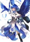  1girl absurdres bangs bird blue_hair blue_wings boots breasts dress fantasy feathers gloves halo highres looking_at_viewer medium_breasts nalai original pink_eyes solo wings 