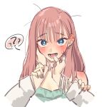  2girls ? ?? ayatsumugi_roka bare_shoulders blue_eyes blush bracelet cho_kaguya-hime! commentary_request cropped_shoulders earrings female_pov finger_in_another's_mouth jewelry lagetama long_sleeves looking_at_viewer multiple_girls open_mouth pink_hair pov sakayori_iroha shy spoken_question_mark sweat white_background yuri 