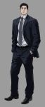  1boy absurdres belt belt_buckle black_belt black_hair black_jacket black_pants black_shoes black_suit buckle chngtj closed_mouth collared_shirt commentary_request dress_shoes formal_clothes full_body grey_background grey_necktie highres jacket korean_commentary layered_sleeves long_sleeves looking_at_viewer male_focus necktie open_clothes open_jacket original pants shirt shirt_tucked_in shoes short_hair simple_background solo suit suit_jacket white_shirt wing_collar 
