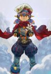  1girl android belt beret blue_hair cape closed_mouth crossed_arms flower hankuri hat joints looking_at_viewer low_twintails orange_eyes outdoors poppi_(xenoblade) poppi_alpha_(xenoblade) puffy_shorts purple_hair red_cape red_ribbon ribbon robot robot_ears robot_joints short_hair shorts simple_background smoke solo standing twintails white_flower white_headwear xenoblade_chronicles_(series) xenoblade_chronicles_2 