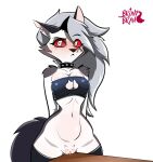 anthro blush bodily_fluids bottomless bottomless_anthro bottomless_female breasts bronybran canid canid_demon canine clothed clothing demon digital_media_(artwork) drawing drawing_on_body dripping female fur furniture genital_fluids genitals hair hellaverse hellhound helluva_boss hi_res loona_(helluva_boss) mammal mythological_canine mythological_creature mythology navel pussy-cat_(meme) red_sclera simple_background solo standing table tail topwear vaginal_fluid_drip vaginal_fluids vulva white_body white_fur