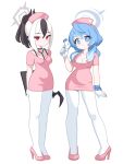  2girls ako_(blue_archive) black_choker black_hair black_horns blue_archive blue_eyes blue_hair blue_halo blush bracelet breasts choker cleavage clipboard commentary_request demon_horns demon_wings double-parted_bangs ear_piercing full_body gloves grey_halo hair_between_eyes halo hat high_heels highres holding holding_clipboard holding_weapon horns jewelry kayoko_(blue_archive) korean_commentary large_breasts long_hair long_sidelocks looking_at_viewer monster_l_(hochihochiha) multicolored_hair multiple_girls nurse nurse_cap pantyhose piercing pink_shirt pink_shoes red_eyes shirt shoes sidelocks single_wing two-tone_hair weapon white_background white_gloves white_hair white_pantyhose wings 