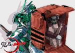  arbalest box crossover fetal_position from_behind full_metal_panic! gundam gundam_astray_red_frame gundam_seed gundam_seed_astray hands_together holding holding_sword holding_weapon in_box in_container kamado_nezuko kamado_tanjirou katana kimetsu_no_yaiba kin-san_(sasuraiga) logo_parody mecha parody pink_eyes sketch sword v-fin weapon 