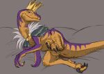 ambiguous_gender animal_genitalia bedding blue_eyes brown_body brown_scales cirano claws cloaca cloak clothing crown dinosaur dromaeosaurid feral finger_claws flamespitter genitals grey_background headgear lying male_(lore) on_side prehistoric_species pubic_boot purple_body purple_scales raised_leg reptile saints_row saurischian scales scalie shaded simple_background smile snout solo spread_legs spreading tail theropod toe_claws