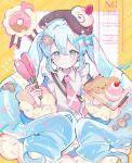  1girl animal apron aqua_eyes aqua_hair biko0205 blue_bow blue_dress blue_sleeves blush bow bowtie bread brown_hat character-themed_food commentary_request detached_sleeves dress dress_bow food food-themed_clothes food-themed_hat_ornament frilled_apron frills fur-trimmed_dress fur-trimmed_sleeves fur_trim hair_between_eyes hair_ornament hat hat_ornament hatsune_miku highres holding holding_tongs long_hair long_sleeves looking_at_viewer necktie official_alternate_costume official_alternate_hairstyle open_mouth pink_necktie puffy_sleeves rabbit_yukine short_sleeves snowflake_print tongs twintails two-tone_sleeves very_long_hair vocaloid watermark wavy_hair white_apron yuki_miku yuki_miku_(2026) 