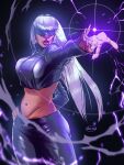  1girl artist_name black_pants black_shirt blindfold blunt_bangs commentary cosplay crop_top cropped_shirt cursed_energy_(jujutsu_kaisen) dark-skinned_female dark_skin energy_ball english_commentary fingernails gojou_satoru gojou_satoru_(cosplay) hand_on_own_hip highres jujutsu_kaisen kuroxcho leather leather_pants long_hair megan_thee_stallion midriff navel pants real_life shiny_clothes shirt solo very_long_hair white_hair 