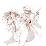  1girl absurdres animal braid chinese_commentary closed_mouth coat commentary_request cowboy_hat cowboy_western cowgirl_(western) floating_hair greyscale gun hair_between_eyes handgun hat highres holding holding_gun holding_reins holding_weapon horse horseback_riding katsuragi_izumi link!_like!_love_live! long_sleeves looking_at_viewer love_live! monochrome pants red_dead_redemption_(series) red_dead_redemption_2 reins revolver riding scarf single_braid smile smoke smoking_barrel solo spot_color virtual_youtuber weapon yellow_eyes yrxy_settingsun 