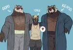 anthro beard body_hair bottomwear brown_body brown_fur canid canine canis chest_hair clothed clothing digital_media_(artwork) facial_hair father_(lore) father_and_child_(lore) father_and_son_(lore) fur goatee group hair hi_res looking_at_viewer male mammal mature_anthro mature_male maychin mustache one_eye_closed open_clothing parent_(lore) parent_and_child_(lore) parent_and_son_(lore) raccoon_dog shirt shorts simple_background size_difference smile son_(lore) standing tank_top tanuki text tongue tongue_out topwear trio wink winking_at_viewer wolf