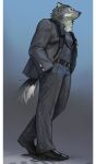  1boy absurdres animal_ears arknights artist_name black_fur black_pants black_shoes black_suit closed_mouth furry furry_male gambino_(arknights) hand_in_pocket highres looking_to_the_side male_focus pants scar scar_on_face scar_on_mouth shoes suit tail tou_(o_tout0) wolf_boy wolf_ears wolf_tail 