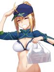  1girl :d ahoge arm_up artoria_pendragon_(all) bangs baseball_cap bikini bikini_top blonde_hair blue_headwear breasts cleavage closed_eyes commentary_request eyebrows_visible_through_hair facing_viewer fate/grand_order fate_(series) grin hair_between_eyes hair_through_headwear hand_on_headwear hand_up hat highres long_hair long_sleeves medium_breasts mysterious_heroine_xx_(foreigner) navel nonderi open_mouth ponytail short_hair shrug_(clothing) sidelocks simple_background smile solo stomach swimsuit upper_body white_background white_bikini wristband 