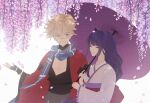  1boy 1girl back_bow black_gloves blonde_hair blue_scarf blunt_bangs bow braid cherry_blossoms clenched_teeth closed_eyes couple english_commentary fan_hair_ornament fingerless_gloves flower genshin_impact gloves hair_between_eyes happy hetero high_ponytail japanese_clothes kazuha's_friend_(genshin_impact) kimono long_braid long_sleeves looking_down looking_to_the_side makoto_(genshin_impact) outdoors pectoral_cleavage pectorals ponytail purple_eyes red_robe red_sash robe sash scar scar_on_face scarf sgrimp single_braid smile teeth upper_body upper_teeth_only wavy_hair white_background wide_sleeves wisteria 