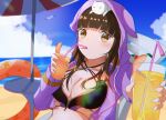  1girl absurdres animal_ears animal_on_head asakura_karen_(heaven_burns_red) asakura_karen_(summertide_shark_the_ripper)_(heaven_burns_red) beach_umbrella bikini black_bikini black_hair blue_sky blunt_bangs blurry blurry_background breasts cat cat_ears cat_on_head cleavage cloud commentary criss-cross_halter cropped_jacket cup day drink drinking_straw drinking_straw_in_mouth dual_wielding fake_animal_ears hair_down halterneck heaven_burns_red highres holding holding_cup hood hood_up hooded_jacket ice ice_cube incoming_drink jacket kamakamapoke large_breasts long_hair looking_at_viewer ocean official_alternate_costume official_alternate_hairstyle on_head open_clothes open_jacket outdoors purple_jacket sitting sky sleeves_past_wrists solo swim_ring swimsuit umbrella upper_body yellow_eyes 
