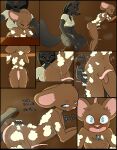 absurd_res age_difference angry bathing bite biting_lip blue_eyes bodily_fluids brown_body brown_fur butt butt_focus canid canine comic covering covering_crotch crying dark_body dark_fur dialogue duo facial_scar female fox fur hi_res keta_(privvy) larger_female looking_at_butt male male/female mammal miguel_(privvy) mouse murid murine nude nude_male older_female privvys-art red_fox rodent scar scared silver_fox size_difference smaller_male smile suds surprised tears true_fox tucked_tail wet whimper yellow_eyes younger_male