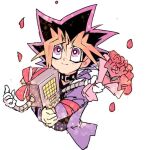  1boy artist_request falling_petals flower holding holding_robot looking_up mettaton muto_yugi non-web_source petals purple_eyes red_flower red_ribbon red_rose ribbon robot rose spiked_hair undertale utdr_(toby_fox) white_background yami_yugi yu-gi-oh! 