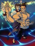  >:) 1boy 1girl abs artist_name determined fighting_stance full_body grin heart highres kuroxcho muscular muscular_male nipples pectorals pleated_skirt scar scar_across_eye scar_on_face skirt smile sparkle takada-chan tan topless_male toudou_aoi_(jujutsu_kaisen) v-shaped_eyebrows 
