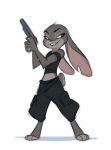  2016 anthro barefoot cassidy_stone clothed clothing disney female full-length_portrait fully_clothed gun half-closed_eyes hi_res holding_gun holding_object holding_weapon judy_hopps lagomorph leporid mammal midriff narrowed_eyes notched_ear open_mouth open_smile portrait rabbit ranged_weapon simple_background smile solo weapon white_background zootopia 