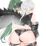  2girls arknights ass ass_focus bangs bare_shoulders black_legwear black_panties blush cameltoe commentary crocodilian_tail from_behind gavial_(arknights) green_hair grey_eyes large_tail long_hair looking_at_viewer looking_back multiple_girls panties pointy_ears profile ranlan silver_hair simple_background smile tail thighhighs thighs tomimi_(arknights) torn_clothes torn_legwear torn_panties underwear very_long_hair visor_cap white_background yuri 