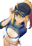  1girl ahoge arm_behind_back artoria_pendragon_(all) bangs baseball_cap bikini blonde_hair blue_eyes blue_headwear blue_jacket blush breasts cleavage commentary_request cowboy_shot fate/grand_order fate_(series) from_above hair_between_eyes hair_through_headwear hand_up hat highres jacket leaning_forward long_hair long_sleeves looking_at_viewer medium_breasts mysterious_heroine_xx_(foreigner) navel nonderi parted_bangs parted_lips ponytail shrug_(clothing) side-tie_bikini simple_background smile solo stomach swimsuit white_background white_bikini 