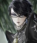 1girl amulet bayonetta bayonetta_(series) bayonetta_2 black-framed_eyewear black_bodysuit black_hair blue_eyes bodysuit chromatic_aberration collar commentary_request cutout_eyelashes earrings frilled_collar frills glasses green_background highres jewelry lipstick looking_at_viewer makeup mary_felizola mole mole_under_mouth portrait short_hair signature smirk solo swept_bangs triangle_earrings 