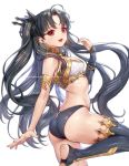  1girl armlet ass asymmetrical_legwear asymmetrical_sleeves bangs bare_shoulders bikini black_hair blush breasts detached_sleeves earrings fate/grand_order fate_(series) ganik gold_trim highres hoop_earrings ishtar_(fate)_(all) ishtar_(fate/grand_order) jewelry long_hair looking_at_viewer medium_breasts mismatched_bikini neck_ring open_mouth parted_bangs red_eyes simple_background single_detached_sleeve single_thighhigh smile swimsuit thighhighs thighs tiara toeless_legwear two_side_up white_background 