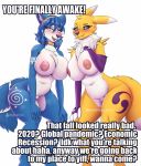  2020 5_fingers anthro armwear big_breasts blue_eyes blue_hair blush breasts canid canine chest_tuft clothing conditional_dnp crossover dialogue digimon digimon_(species) digital_media_(artwork) dipstick_ears duo english_text eyebrows eyelashes female fingers fox genitals hair hi_res inner_ear_fluff krystal looking_at_viewer mammal multicolored_ears navel nintendo open_mouth pussy renamon simple_background slightly_chubby star_fox tailband talking_to_viewer text tuft video_games whisperfoot white_background 