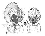 1girl aida_(aidacamelia0516) arrow_(symbol) bonnet breasts buttons closed_mouth colored_eyelashes commentary cropped_torso cutout_eyelashes dark-skinned_female dark_skin dot_mouth english_commentary expressionless finger_to_cheek frilled_bonnet frilled_shirt frills from_behind gloves greyscale hair_bun hand_up highres hollow_knight hollow_knight:_silksong humanization humanoid_and_humanization index_finger_raised lace_(hollow_knight) long_sleeves looking_down monochrome multiple_views pin_(hollow_knight) puffy_long_sleeves puffy_sleeves ribbon shirt short_hair simple_background single_hair_bun small_breasts turtleneck turtleneck_shirt v-shaped_eyebrows white_background 