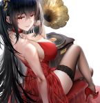  1girl ahoge azur_lane bangs bare_shoulders black_hair black_legwear blush breasts choker cleavage cocktail_dress collarbone crossed_bangs dress eyebrows_visible_through_hair from_behind hair_between_eyes hair_ornament hand_up hbb high_heels large_breasts long_hair looking_at_viewer looking_back one_side_up parted_lips phonograph red_choker red_dress red_eyes red_footwear simple_background sitting smile solo taihou_(azur_lane) taihou_(forbidden_feast)_(azur_lane) thighhighs thighs very_long_hair white_background 