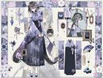  2girls absurdres black_hair chinese_commentary commentary_request detached_sleeves dongsen_xuntu dress flower folding_fan full_body hair_flower hair_ornament hand_fan highres japanese_clothes jewelry kimono long_hair long_sleeves mirror multiple_girls multiple_views necklace original picture_frame profile purple_dress purple_kimono purple_sleeves reference_sheet standing upper_body wide_sleeves wisteria zoom_layer 