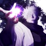  1boy attack black_shirt blue_eyes gojou's_imaginary_technique gojou_satoru highres jacket japanese_clothes jujutsu_kaisen keki_1205 open_mouth shirt signature white_hair white_jacket 