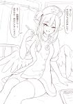  1girl alternate_costume alternate_headwear bird_wings blush commentary_request dress feathered_wings greyscale hat heart highres holding holding_pen kagami_toufu monochrome nurse nurse_cap on_bed open_mouth pen pointy_ears shameimaru_aya sitting smile solo speech_bubble spoken_heart stethoscope_around_neck thighhighs touhou translation_request wings 