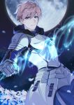  1boy armor armored_dress arthur_pendragon_(fate) blonde_hair blue_cape blue_dress breastplate cape dress excalibur excalibur_(fate/prototype) fate/grand_order fate/prototype fate_(series) faulds field flower flower_field gauntlets greaves green_eyes hair_between_eyes holding holding_sword holding_weapon hood hood_down light_smile male_focus moon night night_sky outdoors pauldrons petals short_hair shoulder_armor sky smile solo sword vhumiku weapon 