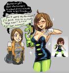  2girls ahoge arm_cannon belt black_dress bodysuit breasts brown_hair cleavage closed_eyes cosplay detached_collar dress english_text frustrated glasses gloves green_pantyhose grey_background grey_bodysuit gun hand_on_own_chest highres holding holding_gun holding_weapon jacket marie_(splatoon) marie_(splatoon)_(cosplay) medium_breasts mii_(nintendo) mii_gunner mii_gunner_(smash_ultimate) multiple_girls nikki_(swapnote) open_mouth orange_jacket pantyhose red-framed_eyewear screenshot_inset semi-rimless_eyewear short_dress short_hair sideboob smile speech_bubble splatoon_(series) strapless strapless_dress super_smash_bros. swapnote teeth upper_teeth_only vortexexe3 weapon white_gloves 