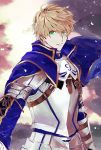  1boy ahoge armor arthur_pendragon_(fate) bangs blonde_hair breastplate fate/prototype fate_(series) faulds green_eyes hair_between_eyes highres holding light_particles light_smile long_sleeves looking_at_viewer male_focus metal nanonineex pauldrons shiny shoulder_armor simple_background solo upper_body 