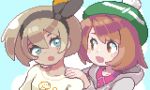  2girls :d bangs blonde_hair blue_eyes blush bob_cut bow_hairband brown_eyes brown_hair cardigan collared_dress commentary dress eyelashes green_headwear grey_cardigan hair_between_eyes hairband long_sleeves lowres multiple_girls open_mouth oyuzaki_(ayuzaki) pink_dress pixel_art pokemon pokemon_(game) pokemon_swsh saitou_(pokemon) shirt short_hair smile tam_o&#039;_shanter yuri yuuri_(pokemon) 