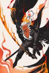  black_wings cheseely dark-skinned_male dark_skin determined feathered_wings fighting_stance fire flaming_sword flaming_weapon full_body highres holding holding_sword holding_weapon katana king_(one_piece) long_hair one_piece pectoral_cleavage pectorals shoulder_pads shoulder_spikes spikes sword weapon white_background white_hair wings 
