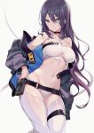  1girl bandeau banned_artist bare_shoulders black_choker black_jacket blue_eyes breasts choker groin hair_between_eyes hand_on_hip highres ikomochi jacket long_hair looking_at_viewer medium_breasts midriff navel off_shoulder open_clothes open_jacket original purple_hair simple_background smile solo stomach thigh_cutout thigh_strap thighs underboob underboob_cutout white_background 