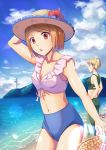  2girls arm_up bangs blonde_hair blue_shorts blue_sky breasts brown_hair cleavage closed_mouth cloud crop_top day flower hat hat_flower hibiscus high-waist_shorts lighthouse micro_shorts midriff multiple_girls nanaba navel open_mouth outdoors petra_ral profile red_flower ribbon shingeki_no_kyojin shiny shiny_hair shiny_skin short_hair shorts sky sleeveless small_breasts smile stomach straw_hat swept_bangs white_ribbon yusshii 