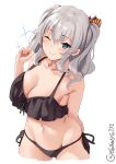  1girl bikini black_bikini blue_eyes blush breasts closed_mouth collarbone cropped_legs ebifurya eyebrows_visible_through_hair frilled_bikini frills front-tie_top groin hair_between_eyes highres kantai_collection kashima_(kantai_collection) large_breasts long_hair navel no_hat no_headwear one_eye_closed side-tie_bikini silver_hair simple_background smile solo swimsuit twintails twitter_username white_background 